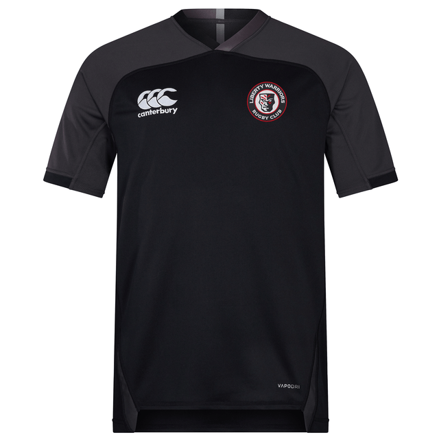 The Liberty Lake Warriors Vapodri Evader Jersey by EMB Canterbury is a black rugby jersey with short sleeves, featuring the white Canterbury logo on the right and a rugby club crest on the left. It is designed with moisture-wicking Vapodri technology to keep you dry and comfortable both on and off the field.