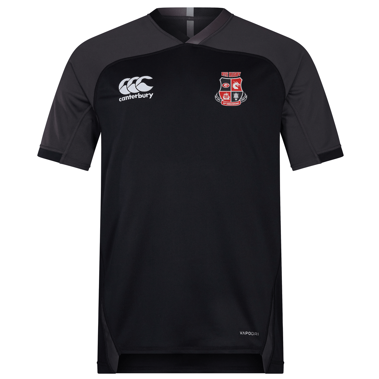 The Rye High School 10 Year Vapodri Evader Jersey by EMB Canterbury is a black sports jersey with a white Canterbury logo and a red sports team crest on the chest. Designed with Vapodri technology for improved performance, it's ideal for Rugby World Cup enthusiasts looking for comfort and style.