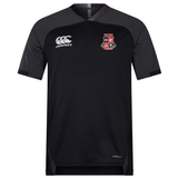 The Rye High School 10 Year Vapodri Evader Jersey by EMB Canterbury is a black sports jersey with a white Canterbury logo and a red sports team crest on the chest. Designed with Vapodri technology for improved performance, it's ideal for Rugby World Cup enthusiasts looking for comfort and style.