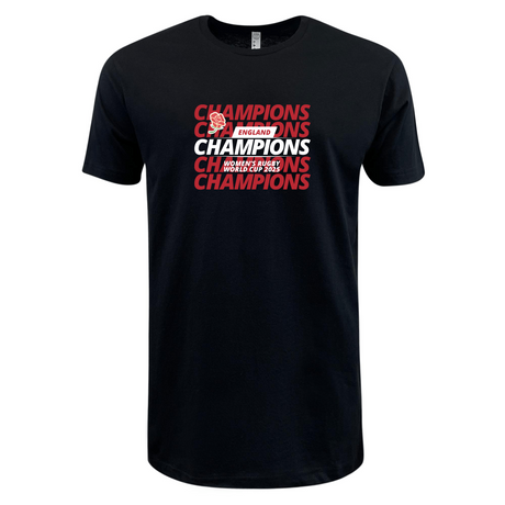 The WRS LAT England WRWC '25 Champions Tee features repeated red "CHAMPIONS" text, a central 2025 champions design, and a red rose—ideal for England rugby fans preparing for the Women's Rugby World Cup.