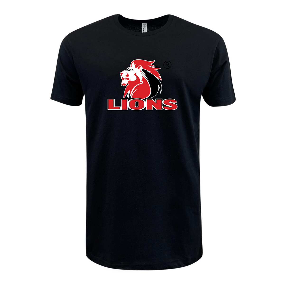 A black long-sleeve Lions Rugby Supersoft T-shirt with the word lions on it, from the brand WRS LAT.