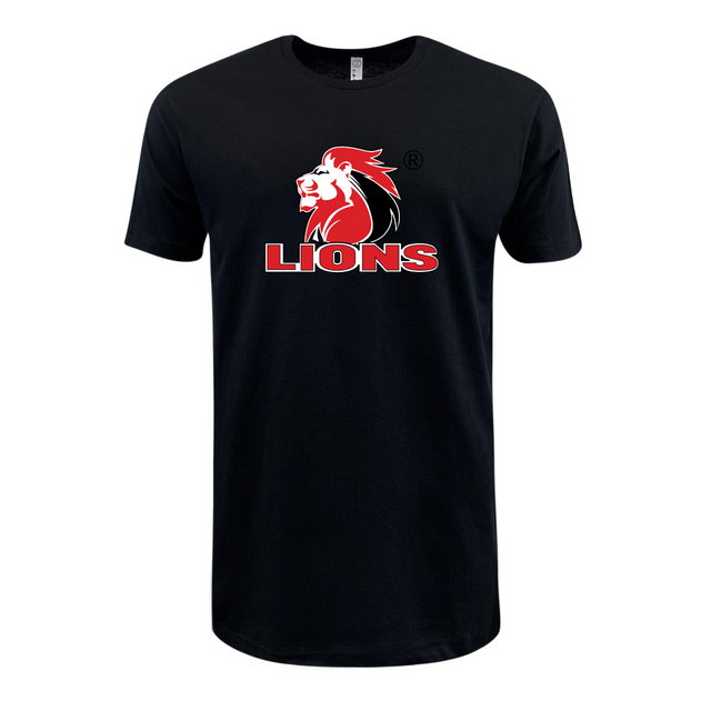 A black long-sleeve Lions Rugby Supersoft T-shirt with the word lions on it, from the brand WRS LAT.