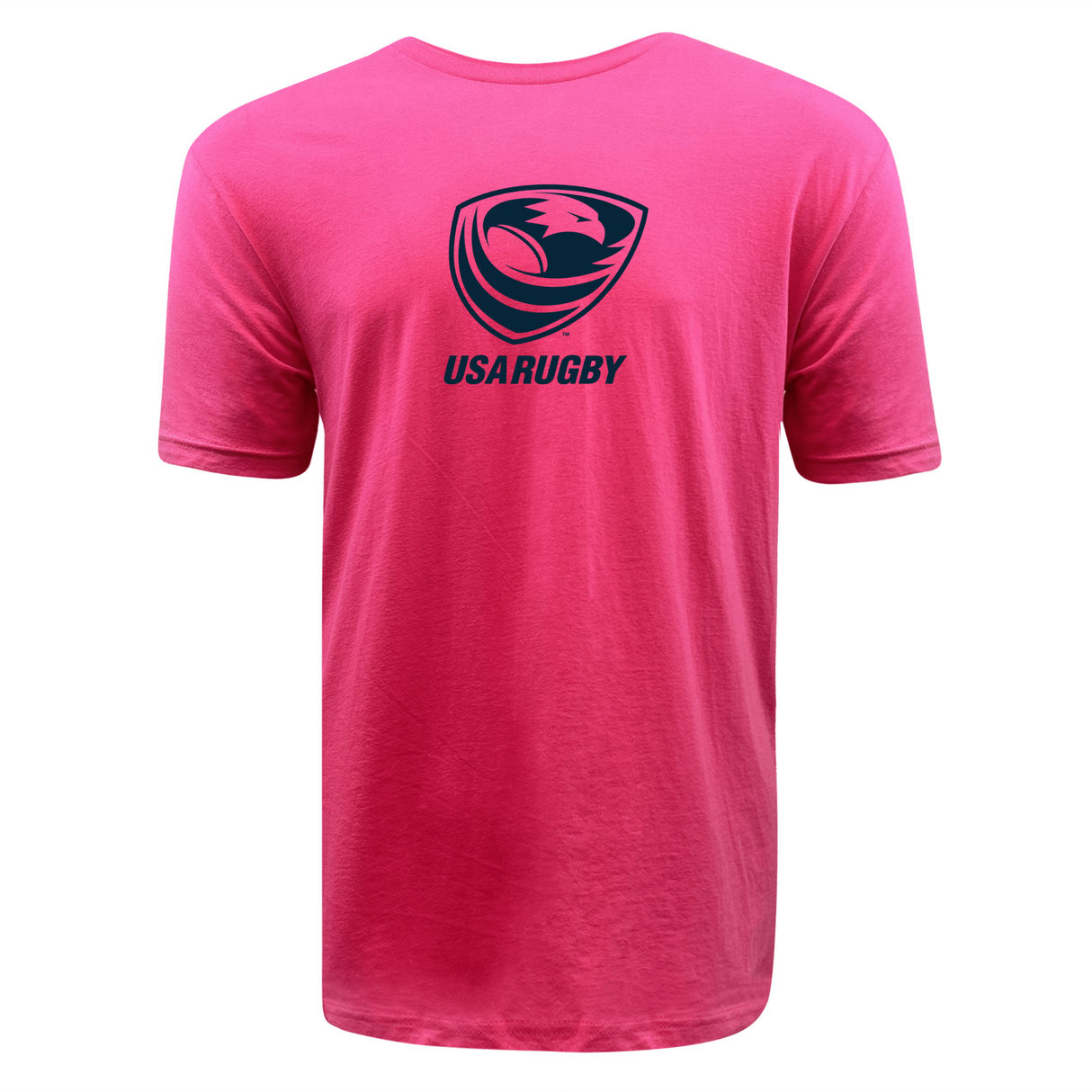 The USA Rugby Limited Edition Pink Supersoft Tee by WRS LAT features a navy blue USA Rugby logo and text, centered on the upper back.