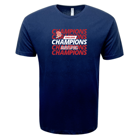 Show your England rugby pride with the WRS LAT England WRWC '25 Champions Tee—navy blue with "CHAMPIONS" in red and "ENGLAND WOMEN'S RUGBY WORLD CUP 2021 CHAMPIONS" in white. Perfect for England WRWC 2025!.