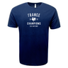 The WRS LAT Navy Blue France 6 Nations 2025 Champs Supersoft Tee showcases a white rooster and "France Champions Six Nations 2025", ideal for rugby fans.
