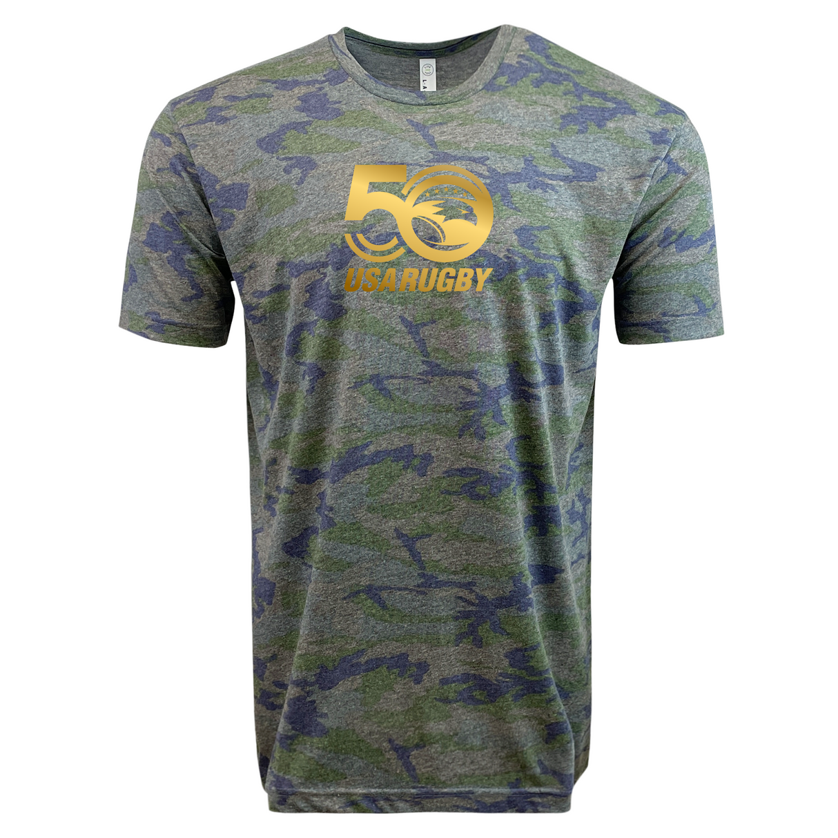 Celebrating 50 years, the WRS LAT USA Rugby 50th Anniversary Camo Edition Supersoft T-Shirt features a green camo design with a gold "50" logo and bold "USA RUGBY" text on the front.