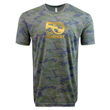 Celebrating 50 years, the WRS LAT USA Rugby 50th Anniversary Camo Edition Supersoft T-Shirt features a green camo design with a gold "50" logo and bold "USA RUGBY" text on the front.