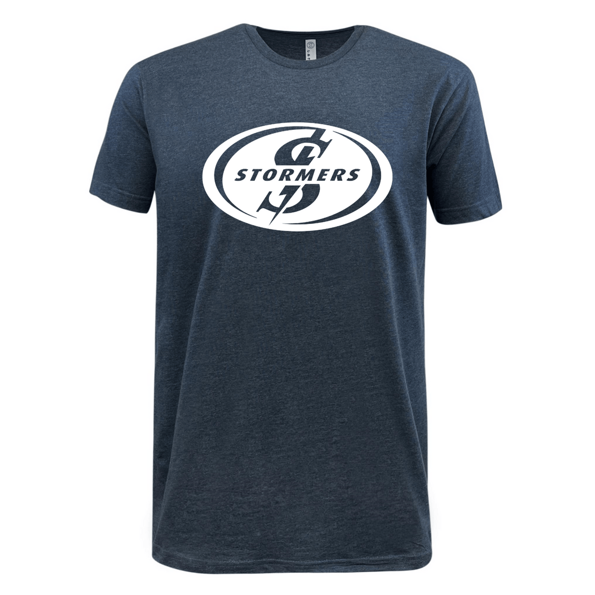 The Stormers Supersoft T-shirt by WRS LAT is a navy blue tee featuring a white oval logo with the word "STORMERS" and a stylized "S" in the center, perfect for rugby fans. This lightweight shirt keeps you comfortable while showing your team pride, making it an ideal choice for South Africa Stormers supporters.
