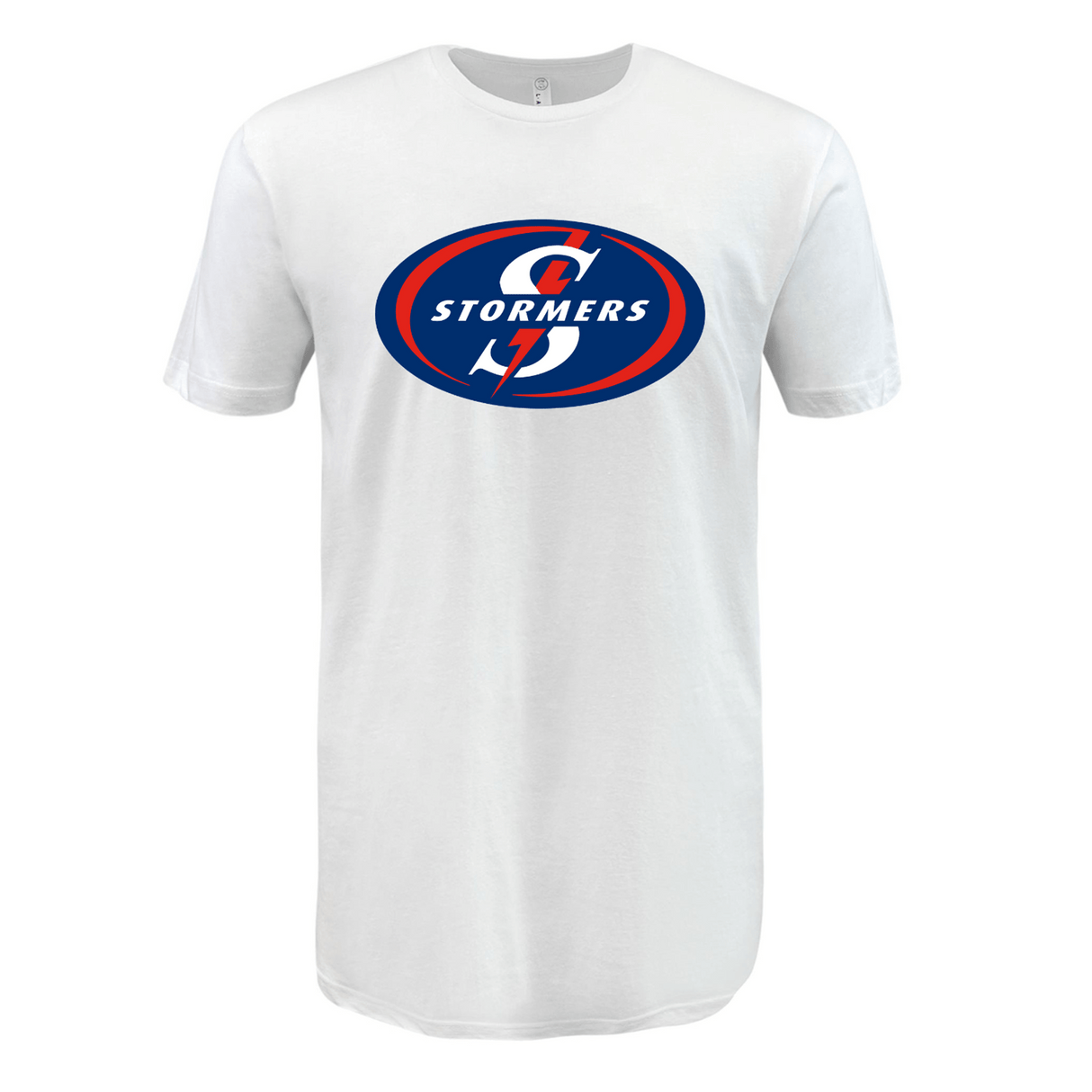 This lightweight Stormers Supersoft T-shirt from WRS LAT showcases a circular logo with "STORMERS" in white text, blue and red accents, and a stylized "S" at the center, making it perfect for rugby fans.