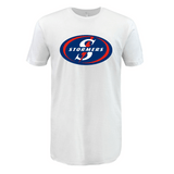 This lightweight Stormers Supersoft T-shirt from WRS LAT showcases a circular logo with "STORMERS" in white text, blue and red accents, and a stylized "S" at the center, making it perfect for rugby fans.