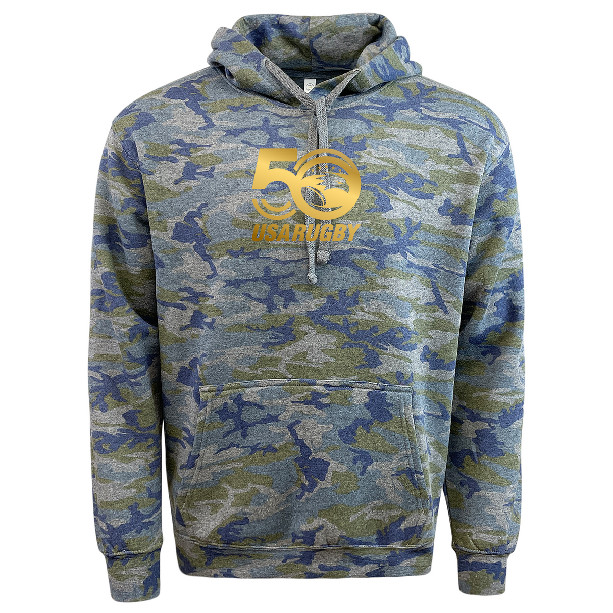 The USA Rugby 50th Anniversary Camo Edition Fleece Hoodie by WRS LAT showcases a gold "50 USA Rugby" logo on the chest, honoring its 50th anniversary.
