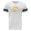 WRS LAT's USA Rugby 50th Anniversary Football T-Shirt features a gold "50 USA Rugby" logo on the front, celebrating the sport's heritage, with black striped sleeves on a white base.