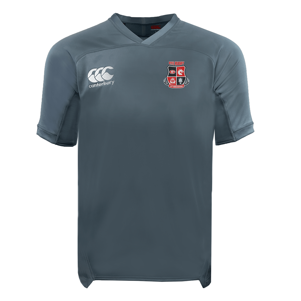 The Rye High School 10 Year Vapodri Evader Jersey by EMB Canterbury is a gray jersey with short sleeves. It showcases the iconic Canterbury logo on the right side and a striking red and white crest on the left. Designed with Vapodri moisture-wicking technology, this jersey ensures you stay dry and comfortable, making it an essential addition for any fan of the Evader Jersey series.
