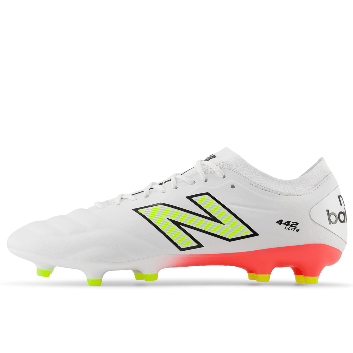 Side view of the New Balance 442 v2 Elite FG boot in White/Energy Red/Hi-Lite with a large black and yellow "N" logo, marked "NB," crafted from lightweight microfiber, featuring neon green and pink studs.