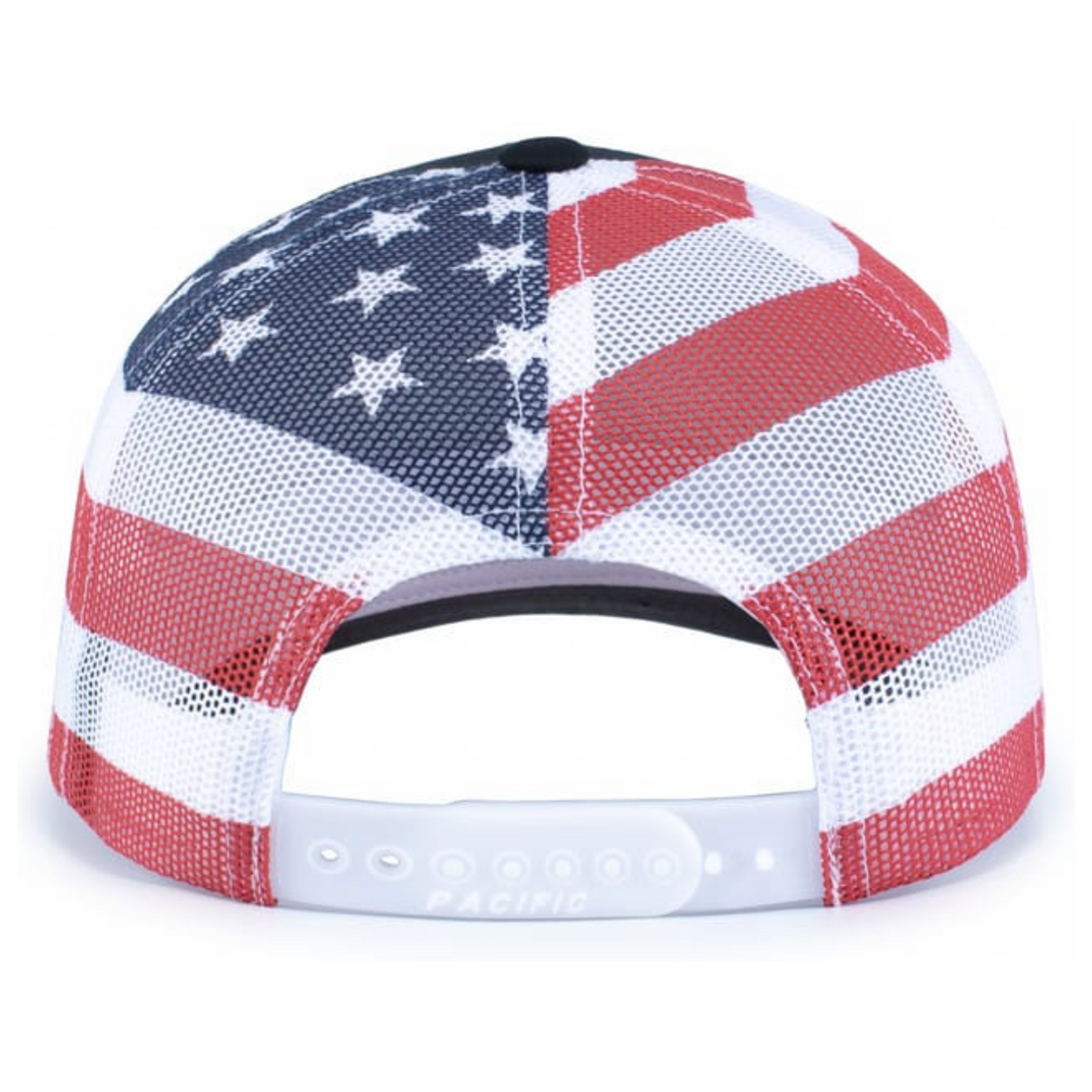 The Augusta Sportswear Printed Flag Trucker Cap is shown from the back, displaying an American flag design with stars and stripes and a white adjustable plastic snap closure.