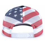 The Augusta Sportswear Printed Flag Trucker Cap is shown from the back, displaying an American flag design with stars and stripes and a white adjustable plastic snap closure.