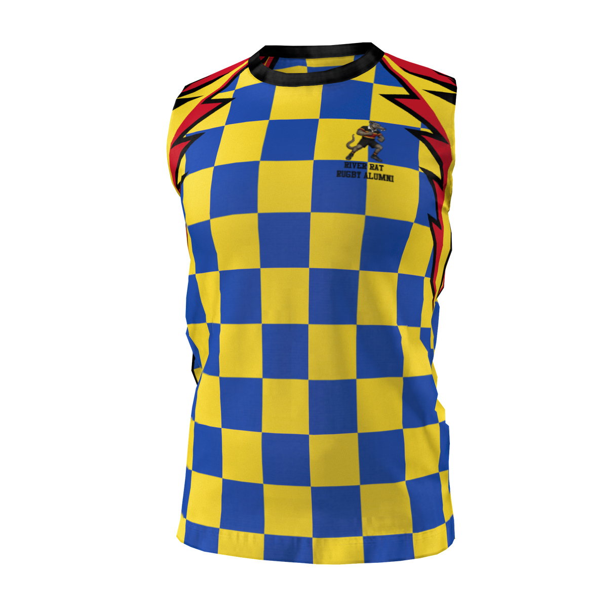 The Admiral Rugby Rats Alumni Singlet is a sleeveless sports jersey featuring a blue and yellow checkerboard pattern, black collar, and red lightning accents. It has a small graphic with text on the upper left chest, boasts moisture-wicking fabric for cool comfort, and features an embroidered club logo for added detail.