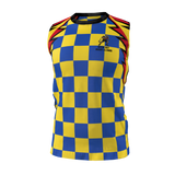 The Admiral Rugby Rats Alumni Singlet is a sleeveless sports jersey featuring a blue and yellow checkerboard pattern, black collar, and red lightning accents. It has a small graphic with text on the upper left chest, boasts moisture-wicking fabric for cool comfort, and features an embroidered club logo for added detail.