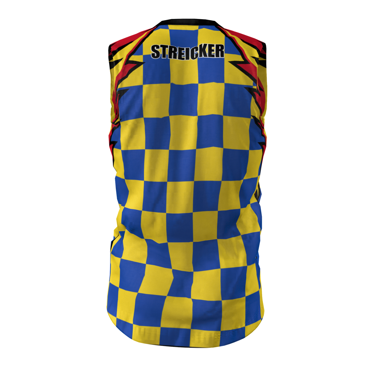 The Admiral Rugby Rats Alumni Singlet is a sleeveless top featuring a blue and yellow checkerboard pattern, black zigzag accents, and “STREICKER” printed in black on the upper back. This singlet also showcases an embroidered club logo and is crafted from moisture-wicking fabric to ensure comfort both on and off the field.