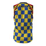 The Admiral Rugby Rats Alumni Singlet is a sleeveless top featuring a blue and yellow checkerboard pattern, black zigzag accents, and “STREICKER” printed in black on the upper back. This singlet also showcases an embroidered club logo and is crafted from moisture-wicking fabric to ensure comfort both on and off the field.