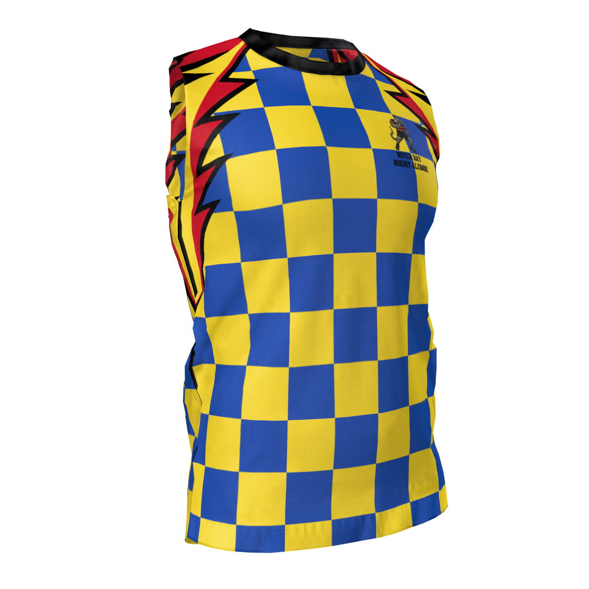 The Admiral Rugby Rats Alumni Singlet features a sleeveless athletic design with a blue and yellow checkerboard pattern, red and black zigzag stripes on the shoulders, and an embroidered club logo on the upper left chest. Crafted from moisture-wicking fabric, this singlet keeps you cool and comfortable during intense activity.