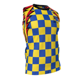 The Admiral Rugby Rats Alumni Singlet features a sleeveless athletic design with a blue and yellow checkerboard pattern, red and black zigzag stripes on the shoulders, and an embroidered club logo on the upper left chest. Crafted from moisture-wicking fabric, this singlet keeps you cool and comfortable during intense activity.