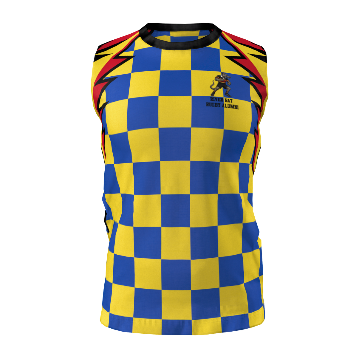 The Admiral Rugby Rats Alumni Singlet is a sleeveless sports jersey designed with a blue and yellow checkered pattern, accented by red and black shoulders. It features a small embroidered “River Rat Rugby Alumni” club logo with a rat illustration on the left chest, and is crafted from moisture-wicking fabric to keep you cool and comfortable throughout every game.
