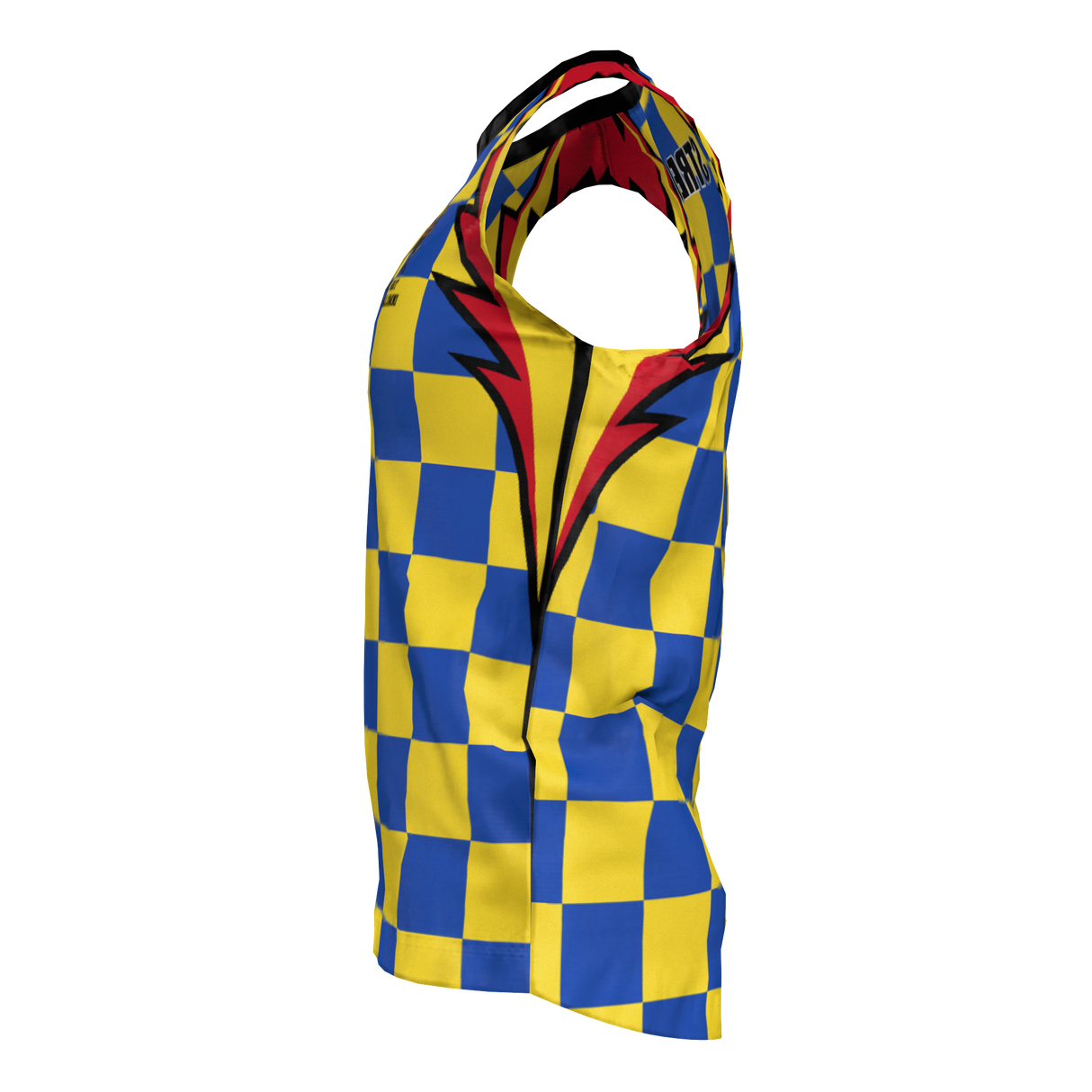 The Admiral Rugby Rats Alumni Singlet is shown from the side, featuring a sleeveless design with a blue and yellow checker pattern, a bold red lightning bolt on the chest, an embroidered Rugby Rats club logo, and crafted in moisture-wicking fabric.