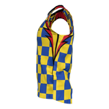 The Admiral Rugby Rats Alumni Singlet is shown from the side, featuring a sleeveless design with a blue and yellow checker pattern, a bold red lightning bolt on the chest, an embroidered Rugby Rats club logo, and crafted in moisture-wicking fabric.