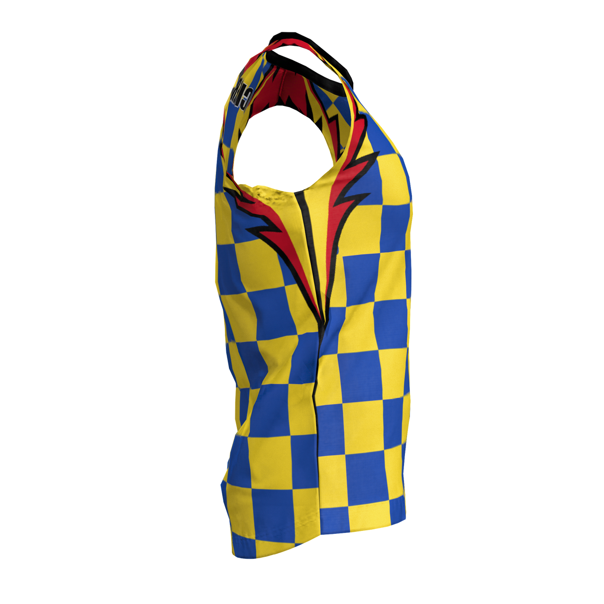 The Admiral Rugby Rats Alumni Singlet showcases a vibrant blue and yellow checkerboard pattern with a striking red lightning bolt graphic on the front, set against a plain white background. Crafted from moisture-wicking fabric for all-day comfort, this sleeveless athletic top also features an embroidered Rugby Rats club logo for added authenticity.
