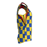 The Admiral Rugby Rats Alumni Singlet showcases a vibrant blue and yellow checkerboard pattern with a striking red lightning bolt graphic on the front, set against a plain white background. Crafted from moisture-wicking fabric for all-day comfort, this sleeveless athletic top also features an embroidered Rugby Rats club logo for added authenticity.