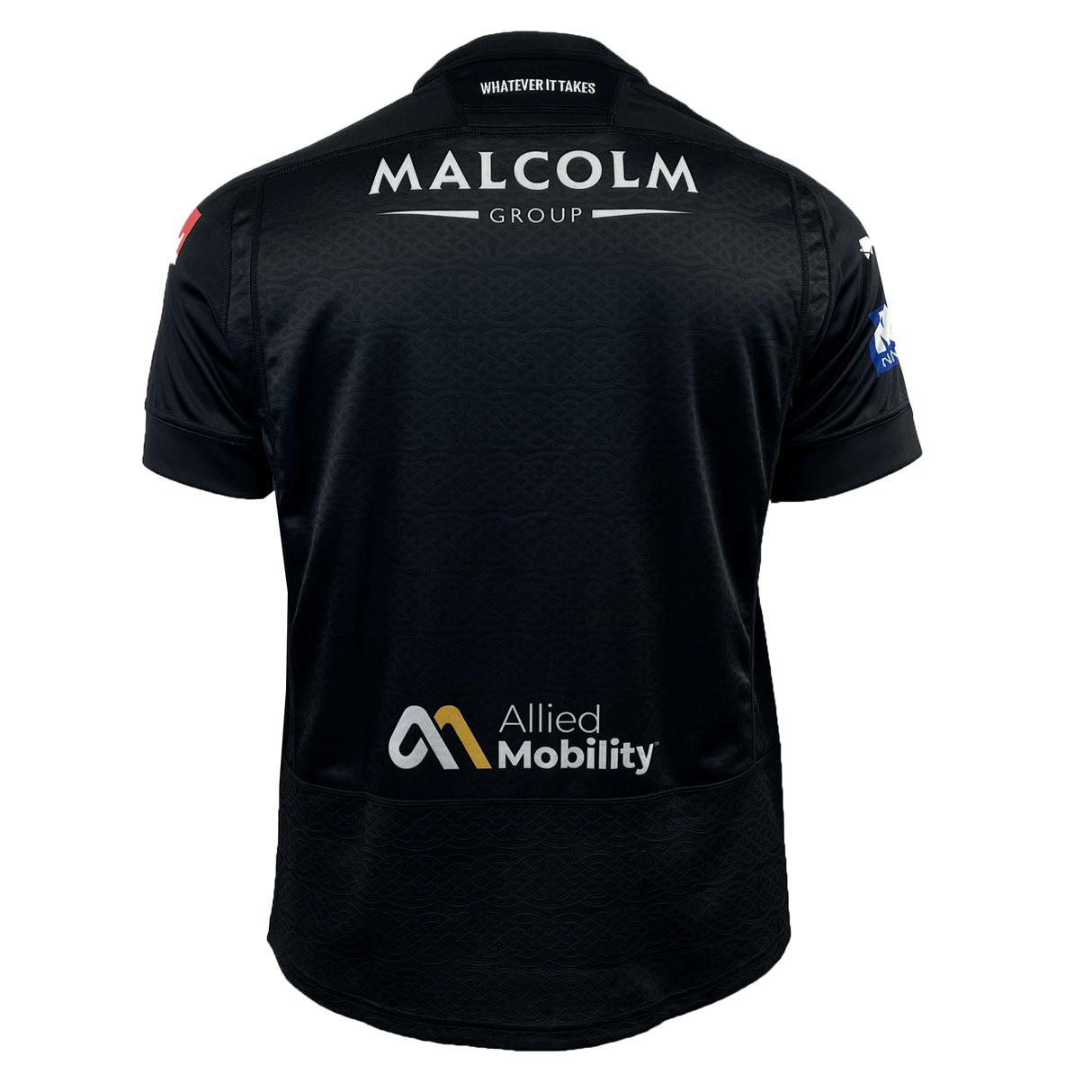 Introducing the Glasgow Warriors 24/25 Replica Home Jersey by Macron, a sleek black design with "Malcolm Group" and "Allied Mobility" logos on the back, ideal for fans of the team.