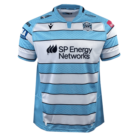 The Glasgow Warriors 24/25 Replica Away Jersey by Macron is a blue and white striped jersey featuring the SP Energy Networks logo and the Glasgow Warriors emblem, perfect for dedicated fans.