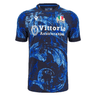 Italy 24/25 Replica Training Jersey by Macron, showcasing a blue and black abstract pattern and featuring EcoArmevo fabric, with the "Vittoria Assicurazioni" logo and crest prominently displayed on the chest.