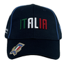 The Italy Curved Visor Cap 24/25 by Macron features a black design with "ITALIA" in green, white, and red. It showcases a rugby logo on the front with "FIR" and "Italia.
