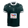 The Section Paloise Rugby 24/25 Replica Home Jersey by Macron sports a classic green and white design with a collar and official logos on the chest and sleeves, embodying the traditional spirit of a Section Paloise jersey.