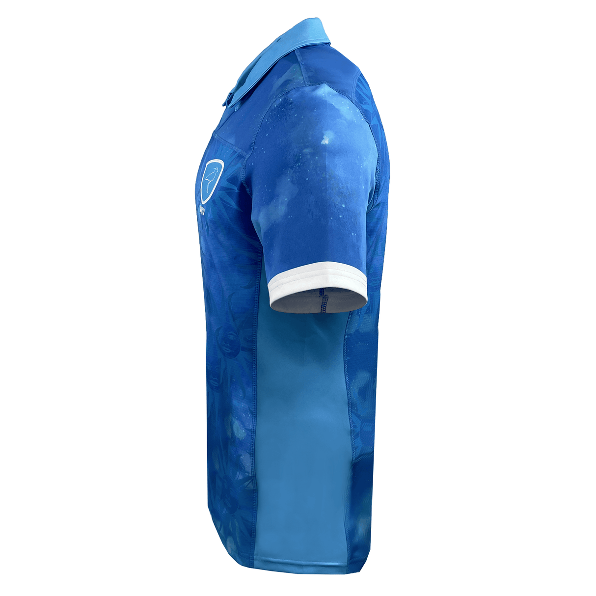 Side view of the Uruguay 24/25 Authentic Match Day Home Jersey by Macron in blue, featuring white sleeve accents and a collar. The chest proudly displays a Sol de Mayo logo, symbolizing national pride.