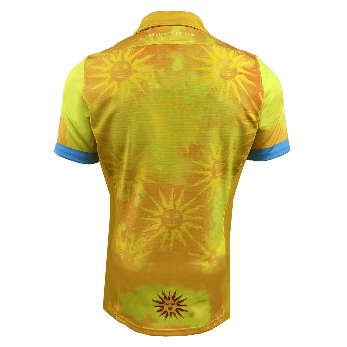 The Uruguay 24/25 Authentic Match Day Away Jersey by Macron is a yellow and orange shirt adorned with a sun face pattern and blue accents on the sleeve edges, crafted from sustainable Eco-Armevo fabric. The back of the jersey highlights the sun face design more prominently.