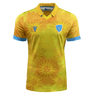 The Uruguay 24/25 Authentic Match Day Away Jersey by Macron is a yellow sports jersey with blue accents. It features a sun pattern and an emblem of a bird on the upper chest area, and is crafted from Eco-Armevo fabric for sustainable sportswear.