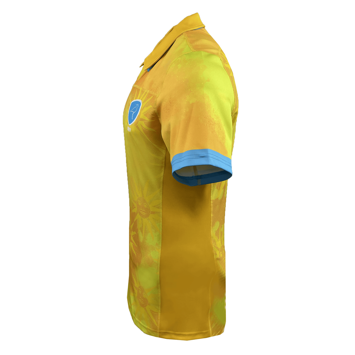 Side view of the Uruguay 24/25 Authentic Match Day Away Jersey by Macron, a yellow short-sleeved sports jersey with light blue trim made from Eco-Armevo fabric, featuring a logo on the chest.