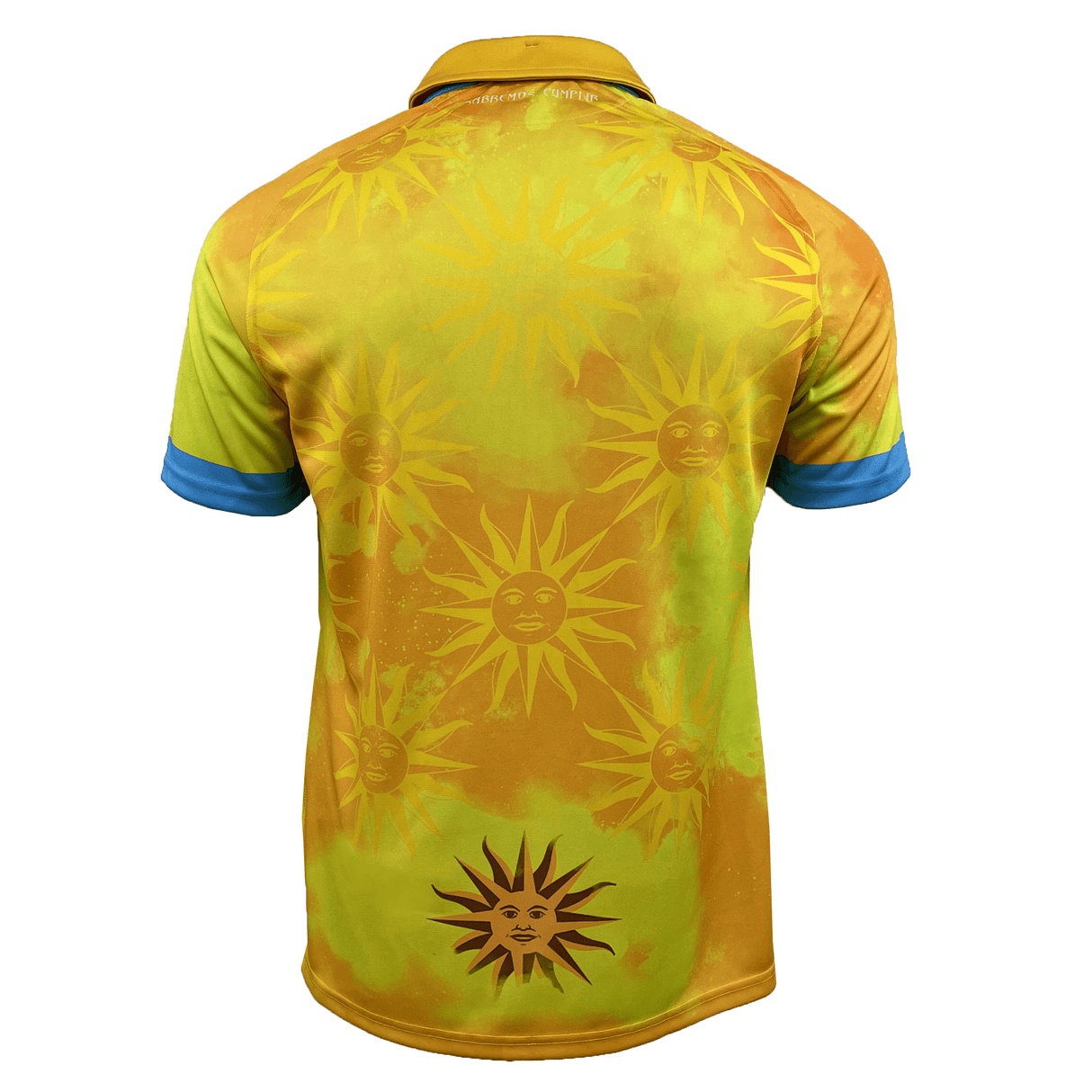 The Uruguay 24/25 Replica Away Jersey by Macron is a short-sleeved polo shirt with a bright yellow and orange design featuring multiple sun illustrations on the back. Made from Eco Fightex fabric, the shirt has blue edges on the sleeves, offering both sustainability and style.