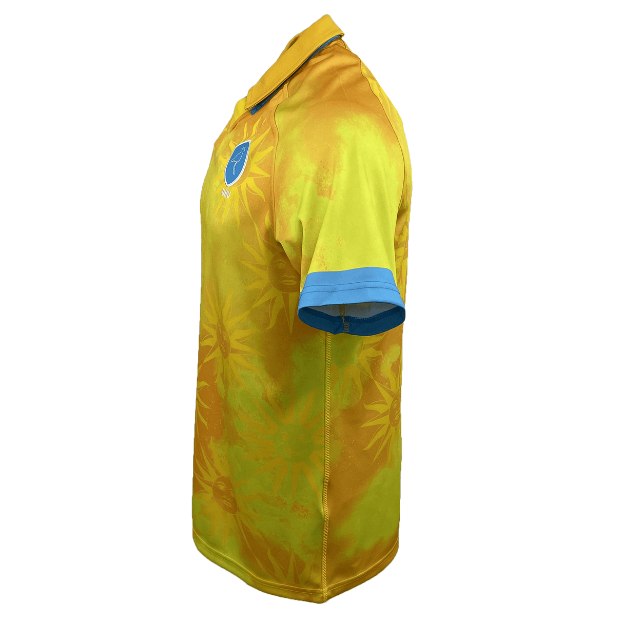 Side view of the Uruguay 24/25 Replica Away Jersey by Macron, showcasing its vibrant yellow color with blue trim on the sleeves and collar. This short-sleeve rugby jersey features a distinctive blue logo on the chest and is crafted from Eco Fightex stretch fabric to ensure both durability and comfort.