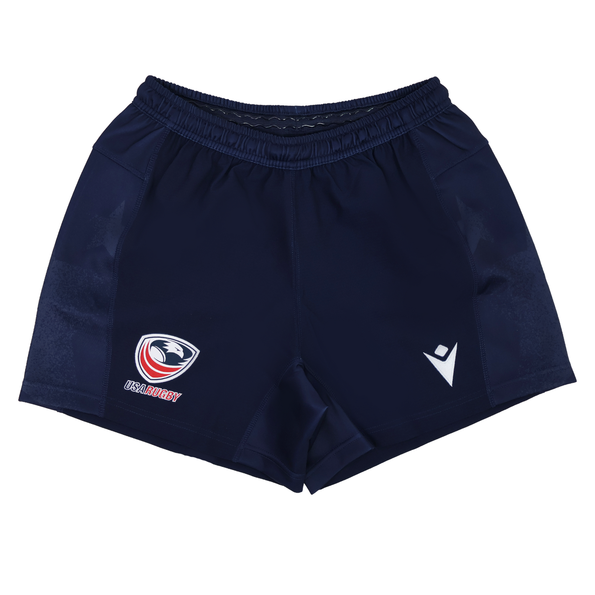 The USA Rugby 24/25 Home Shorts by Macron feature a navy blue design, elastic waistband, stylized eagle head with "USA RUGBY" text, and white arrowhead—rugby performance shorts built for comfort in every match.