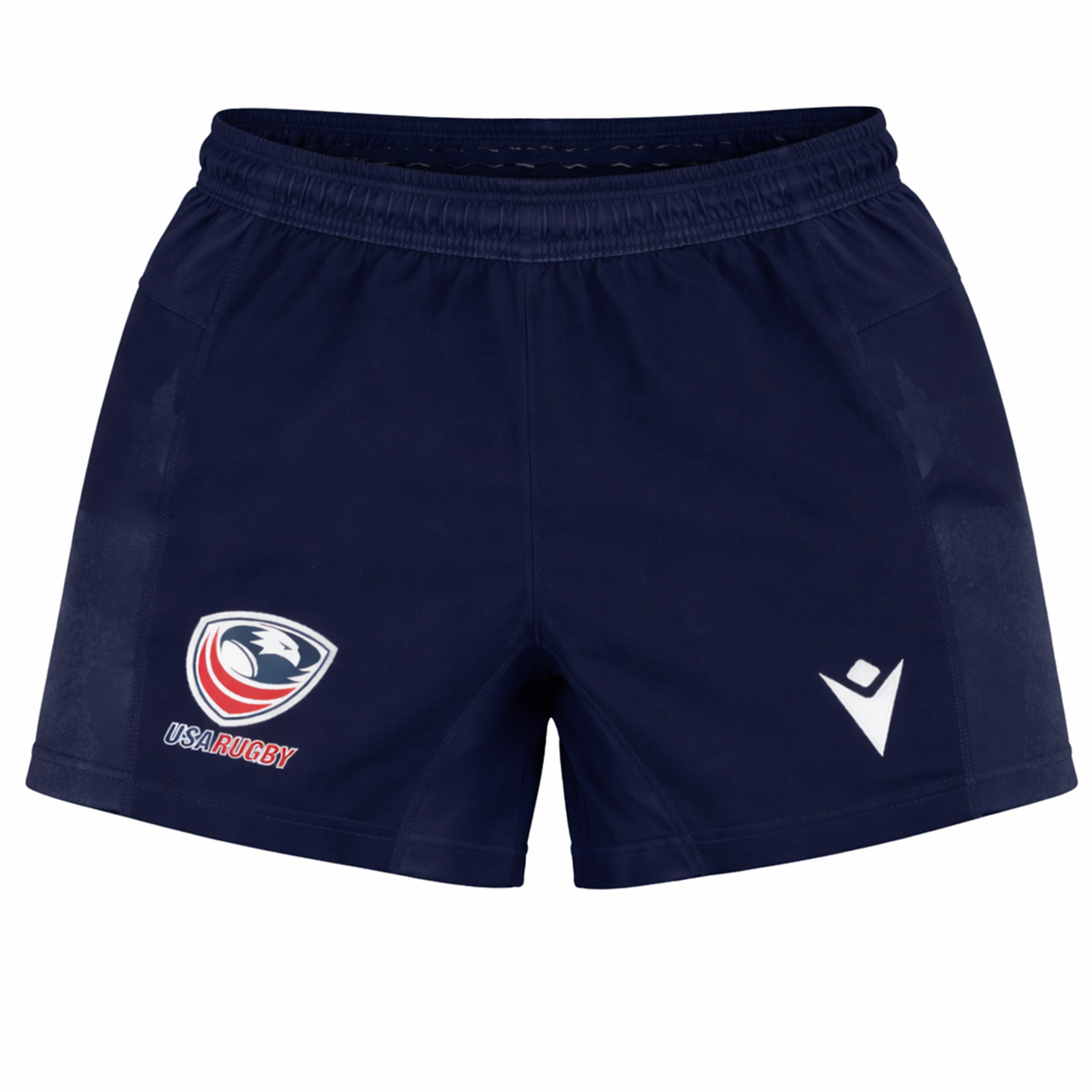 The USA Rugby 24/25 Home Shorts by Macron are navy blue rugby performance shorts with the team logo on the left leg and Macron branding on the right, designed for moisture-wicking comfort and durability.