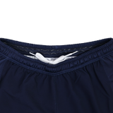 Close-up of the waistband on USA Rugby 24/25 Home Shorts by Macron in navy blue, featuring moisture-wicking fabric and a visible white drawstring.