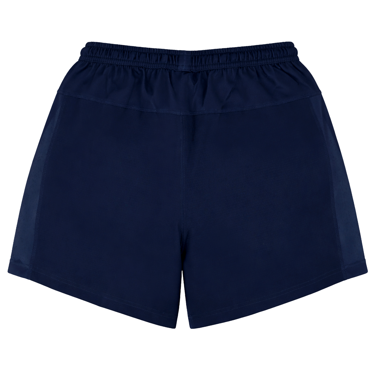 USA Rugby 24/25 Home Shorts by Macron in navy blue, featuring an elastic waistband, are displayed flat on a white background with the back side facing up.