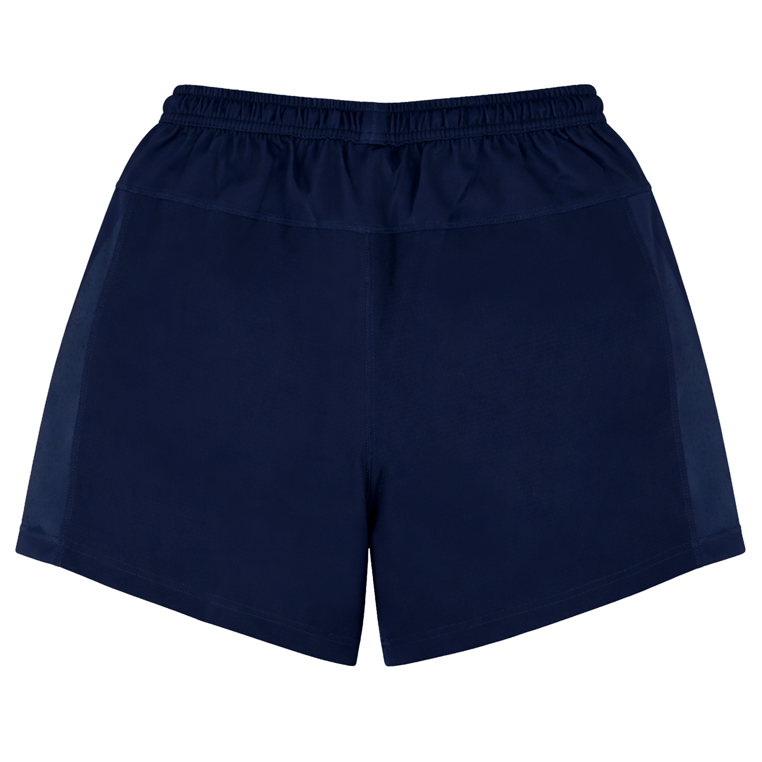 USA Rugby 24/25 Home Shorts by Macron in navy blue, featuring an elastic waistband, are displayed flat on a white background with the back side facing up.