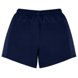 USA Rugby 24/25 Home Shorts by Macron in navy blue, featuring an elastic waistband, are displayed flat on a white background with the back side facing up.