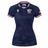 The Women's USA Rugby 24/25 Home Body Fit Jersey by Macron features a navy design, USA Rugby logos, white/red trim, subtle star patterns, and an American flag patch on the sleeve. Official Macron product.