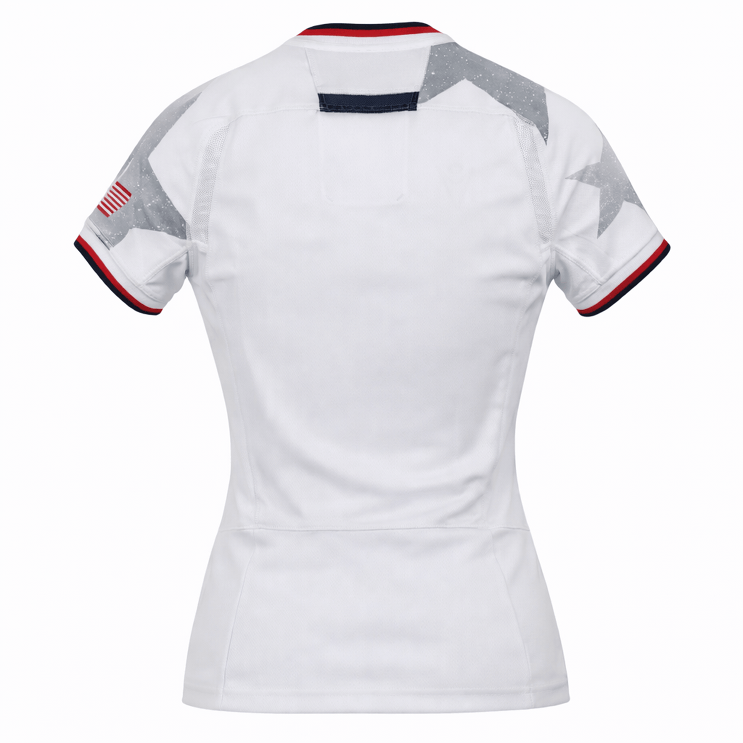 Back view of the Women's USA Rugby 24/25 Away Body Fit Jersey by Macron, featuring a fitted white design, gray stars on the shoulders, an American flag patch on the sleeve, and red and navy trim on collar and cuffs.